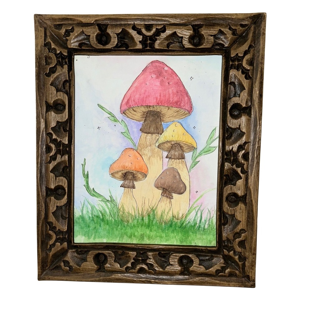 Whimsical Mushroom Art Watercolor Painting Carved Wood Frame Cottagecore 17"x14"